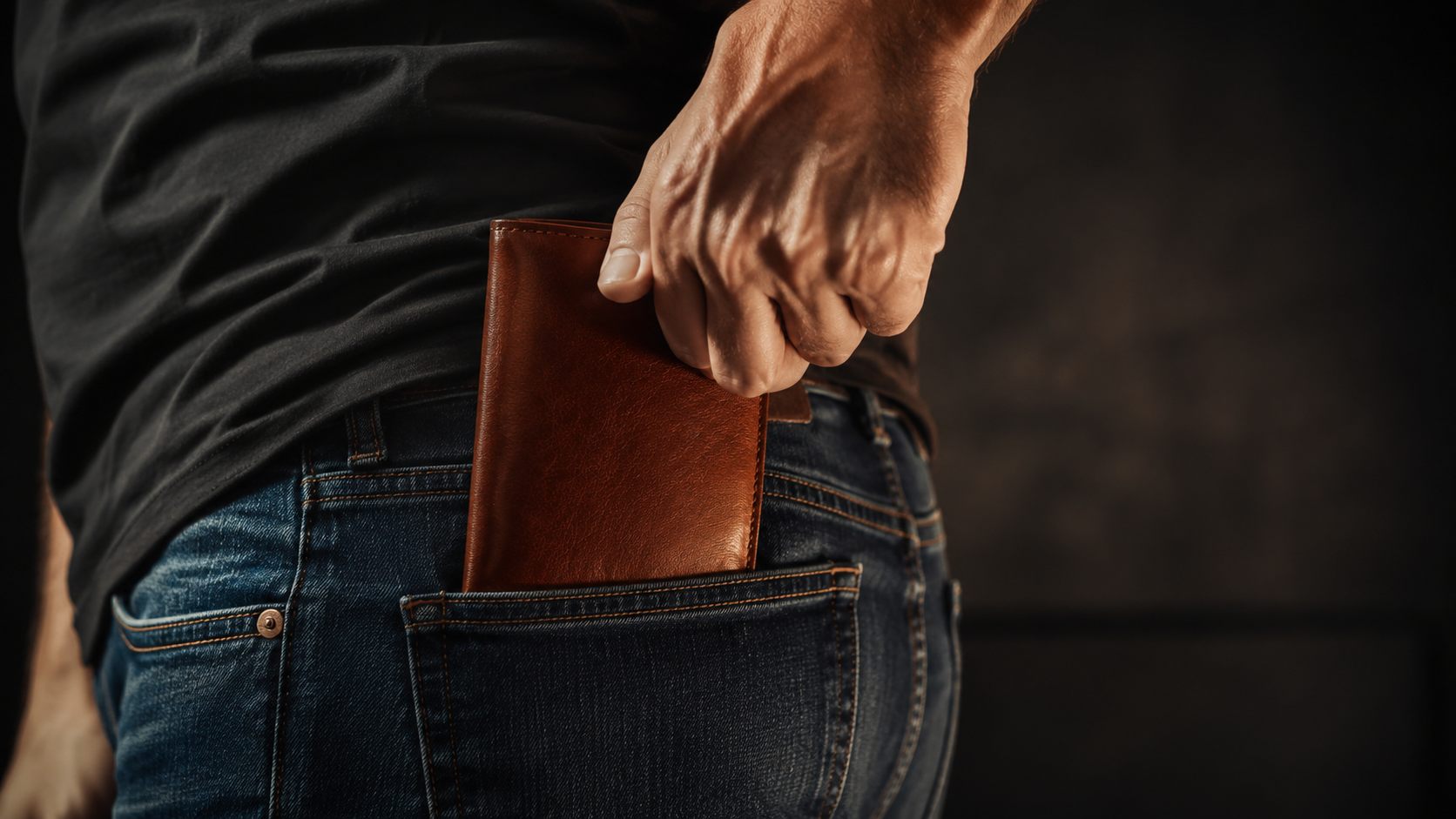 Man's hand pulling long brown leather wallet from back jeans pocket