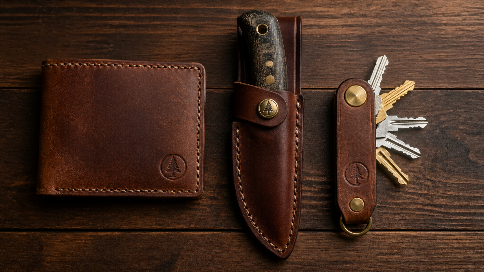 Complete men's leather EDC flat lay — wallet sheath keys knife overhead view