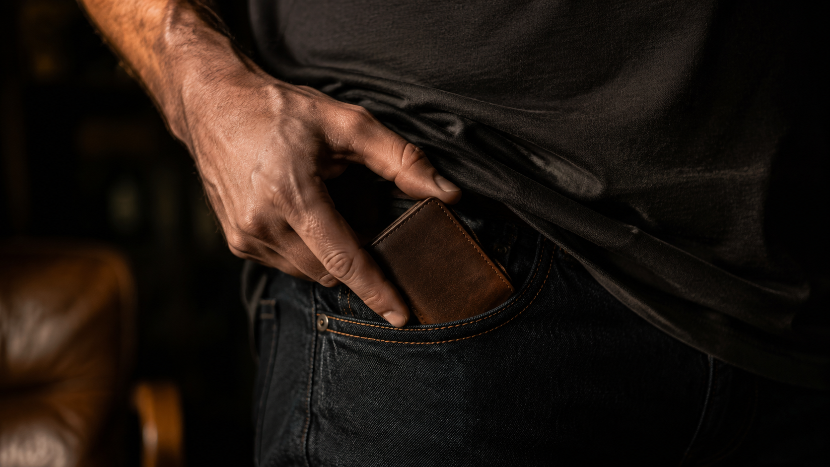 Man sliding slim brown leather card wallet into front denim pocket showing easy retrieval