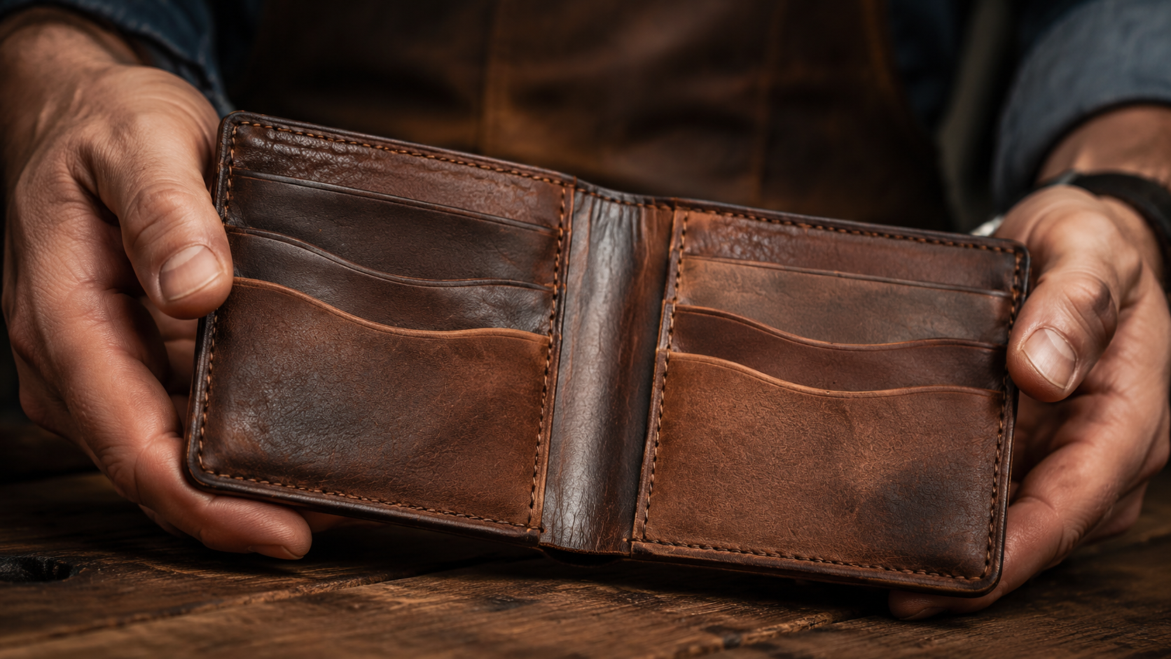 Finished full-grain leather bifold wallet showing card slots and natural grain patina