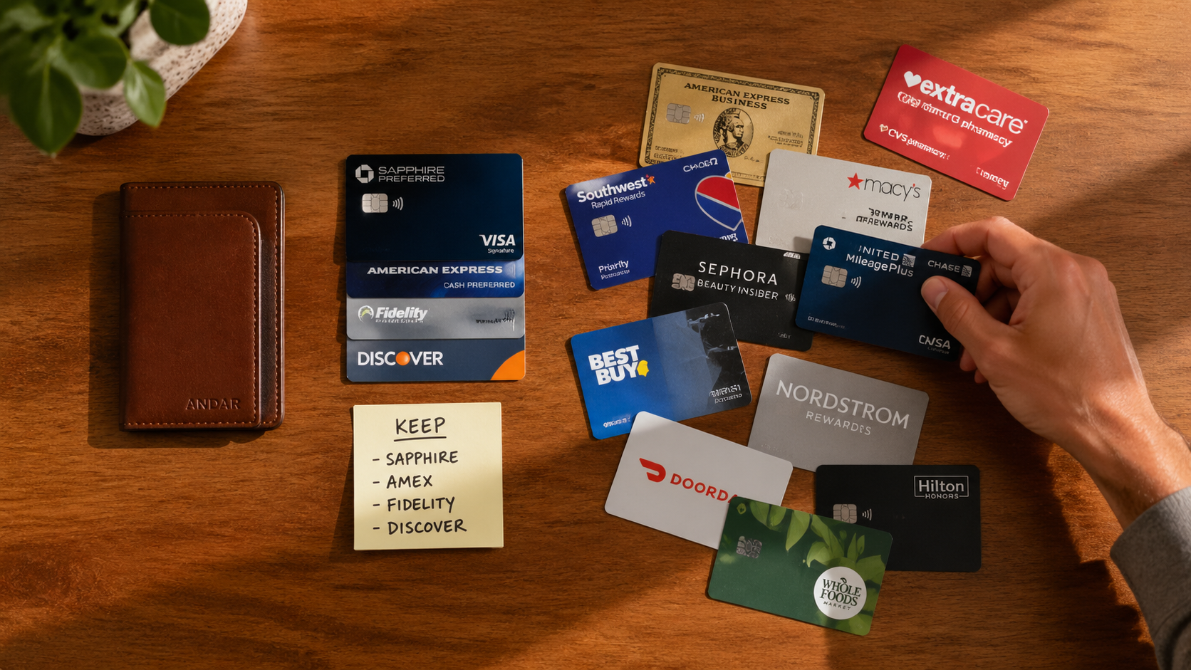 Wallet audit — cards spread on table beside slim minimalist leather wallet