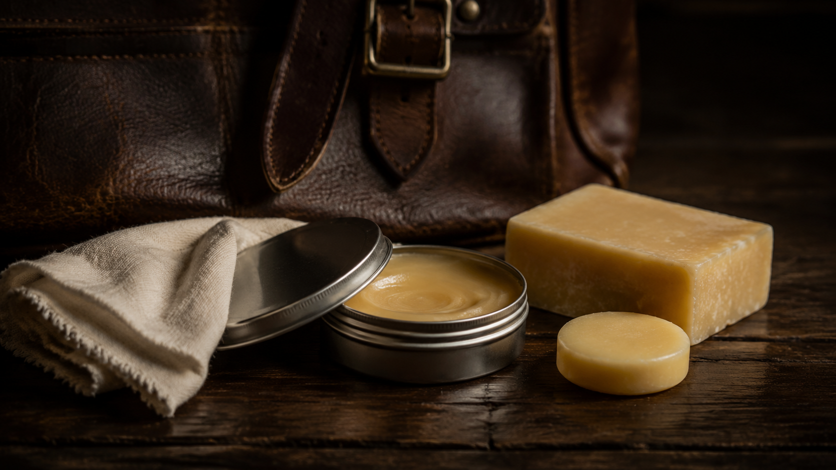 Leather care products arranged on dark wood: conditioner tin, soft cloth, saddle soap, natural wax