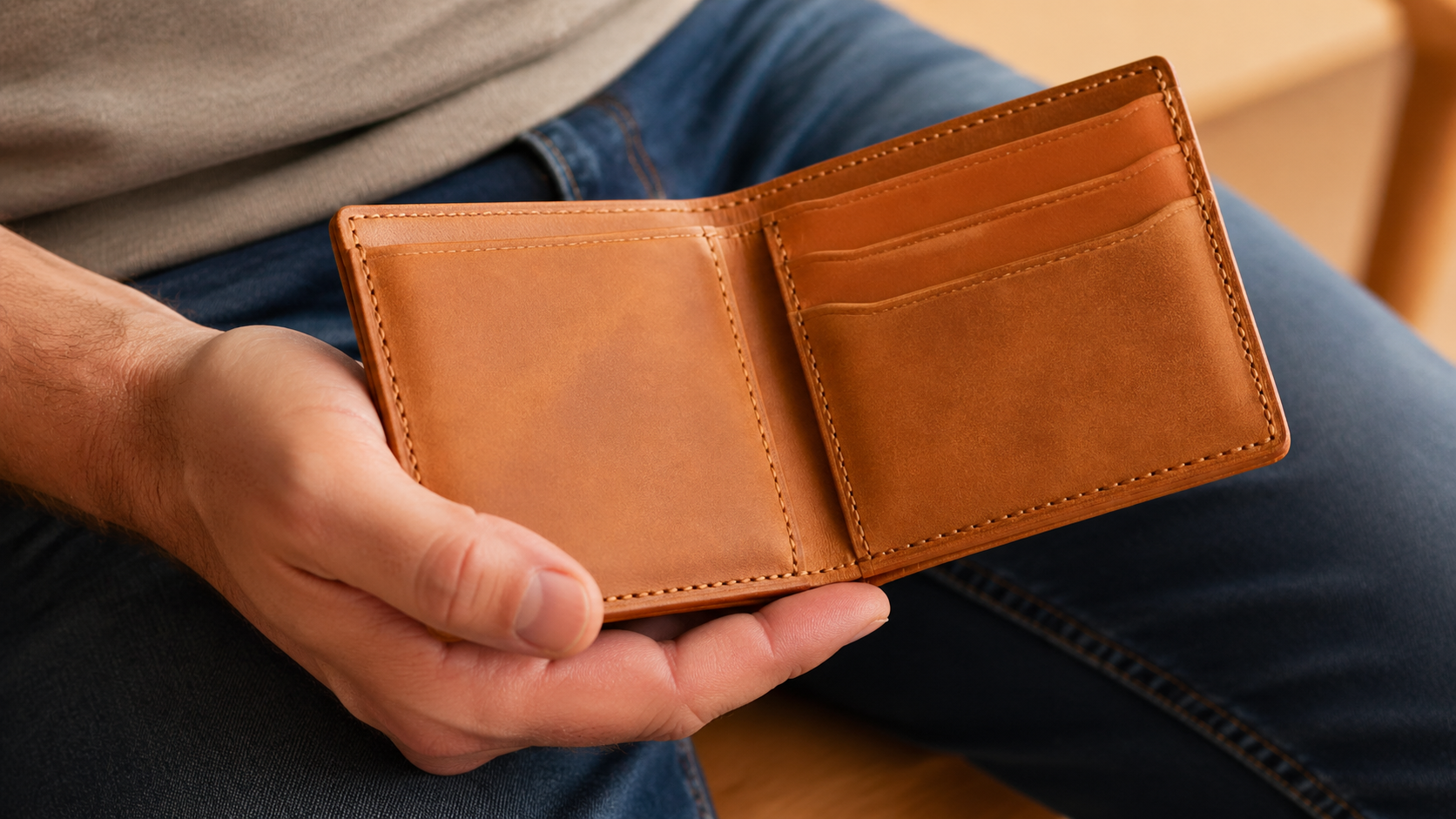 Full-grain leather bifold wallet held in hand — men's EDC carry