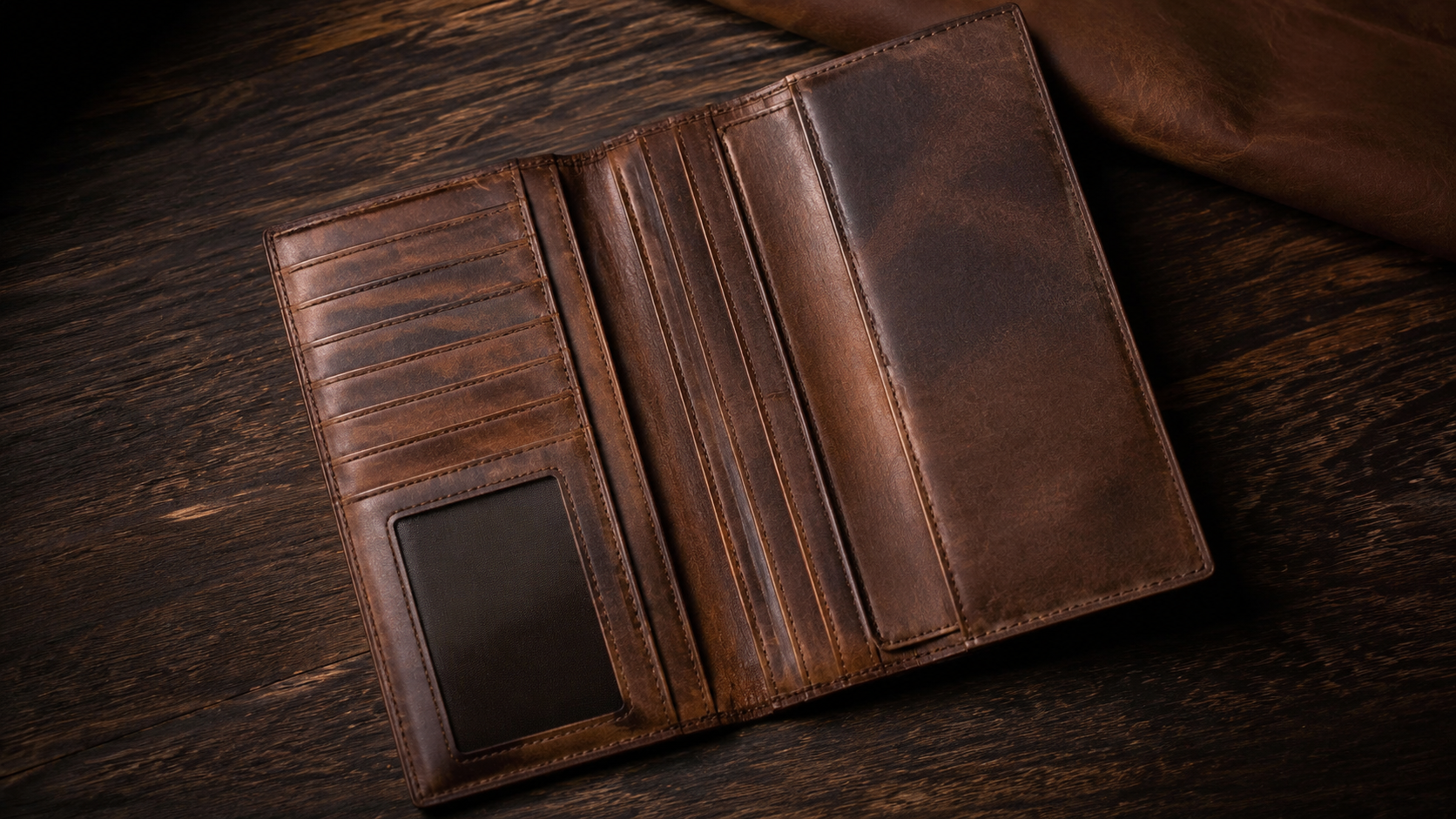 Long leather wallet interior showing organized card pockets, ID window, and flat bill compartment