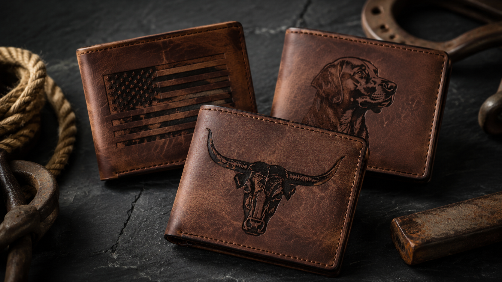Collection of three personalized leather wallets with different laser engraved custom designs