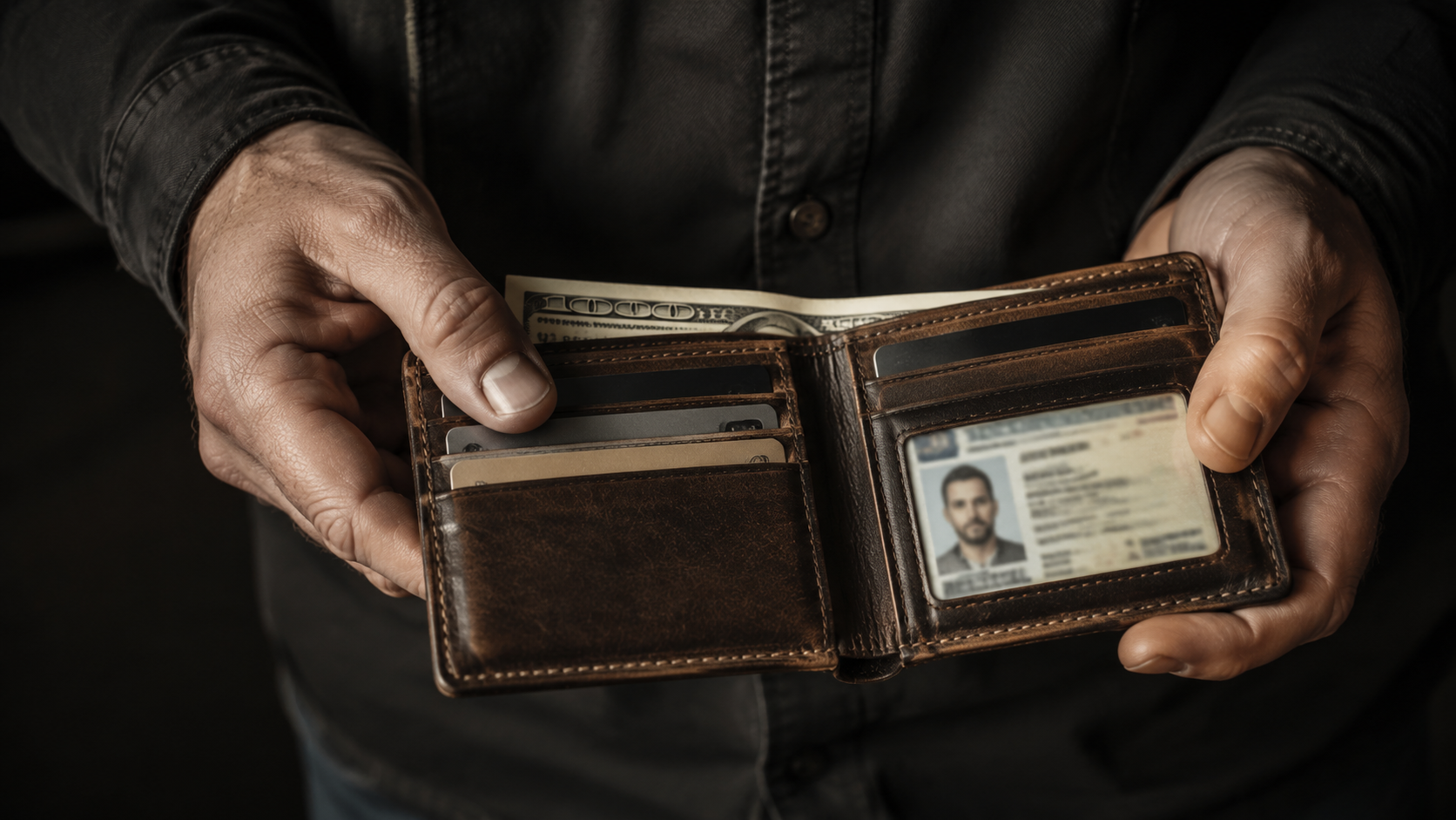 Man's hands opening brown leather bifold wallet showing organized card slots with credit cards and cash