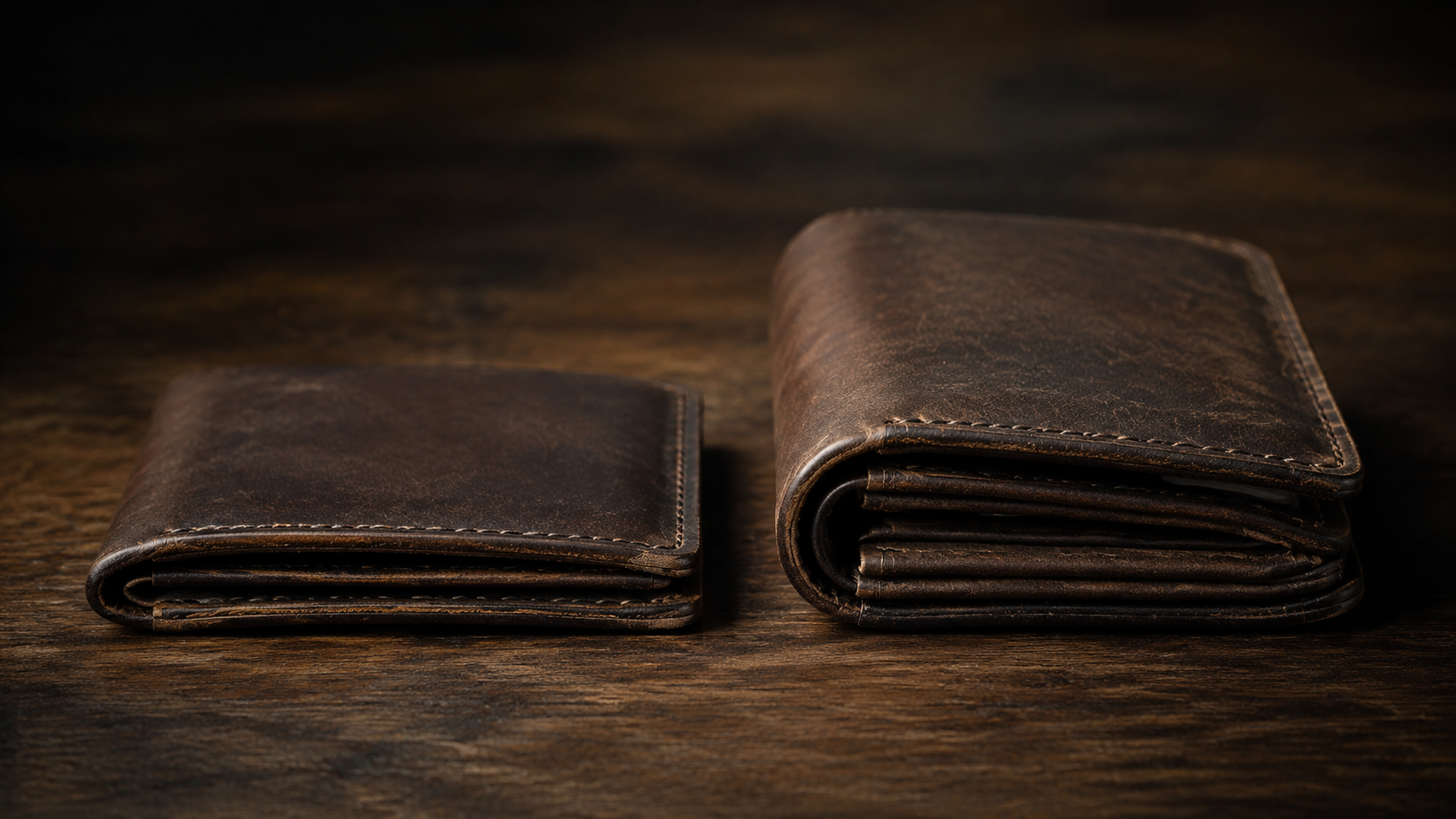 Slim bifold leather wallet and trifold leather wallet side by side showing thickness difference