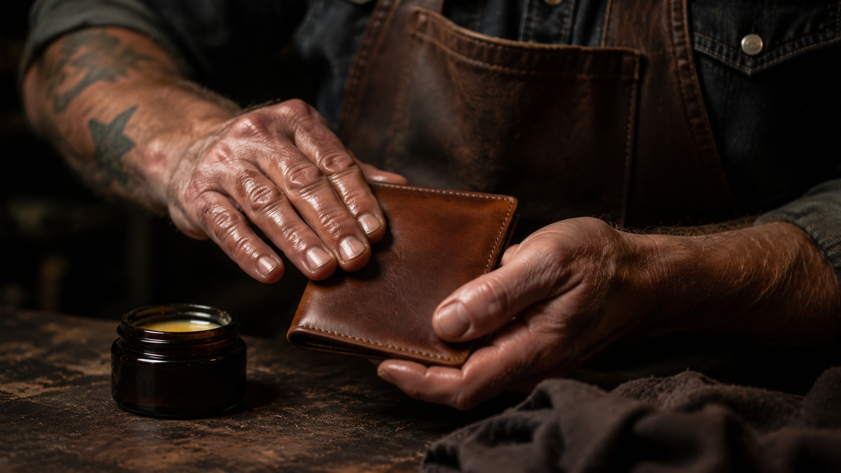 Texas leatherworker applying conditioner to brown full-grain leather bifold wallet