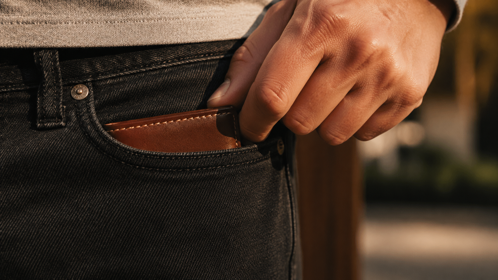 Slim leather bifold wallet being pulled from front jeans pocket
