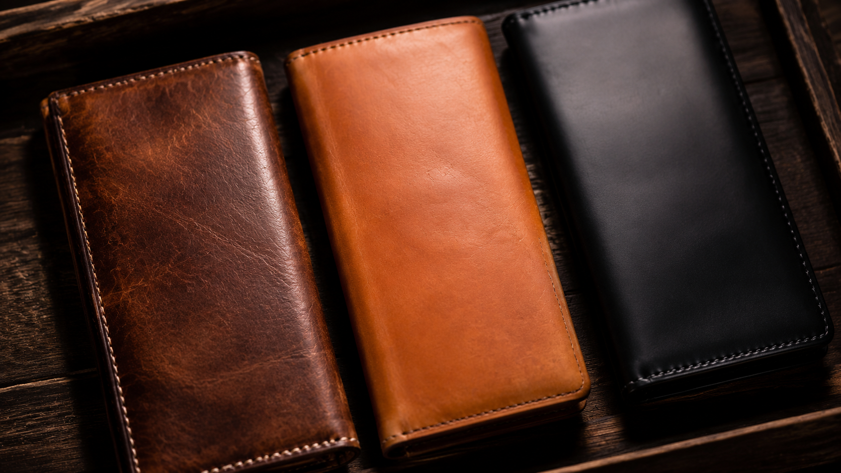 Three leather wallet samples showing grain texture differences — full-grain, vegetable tanned, chrome tanned