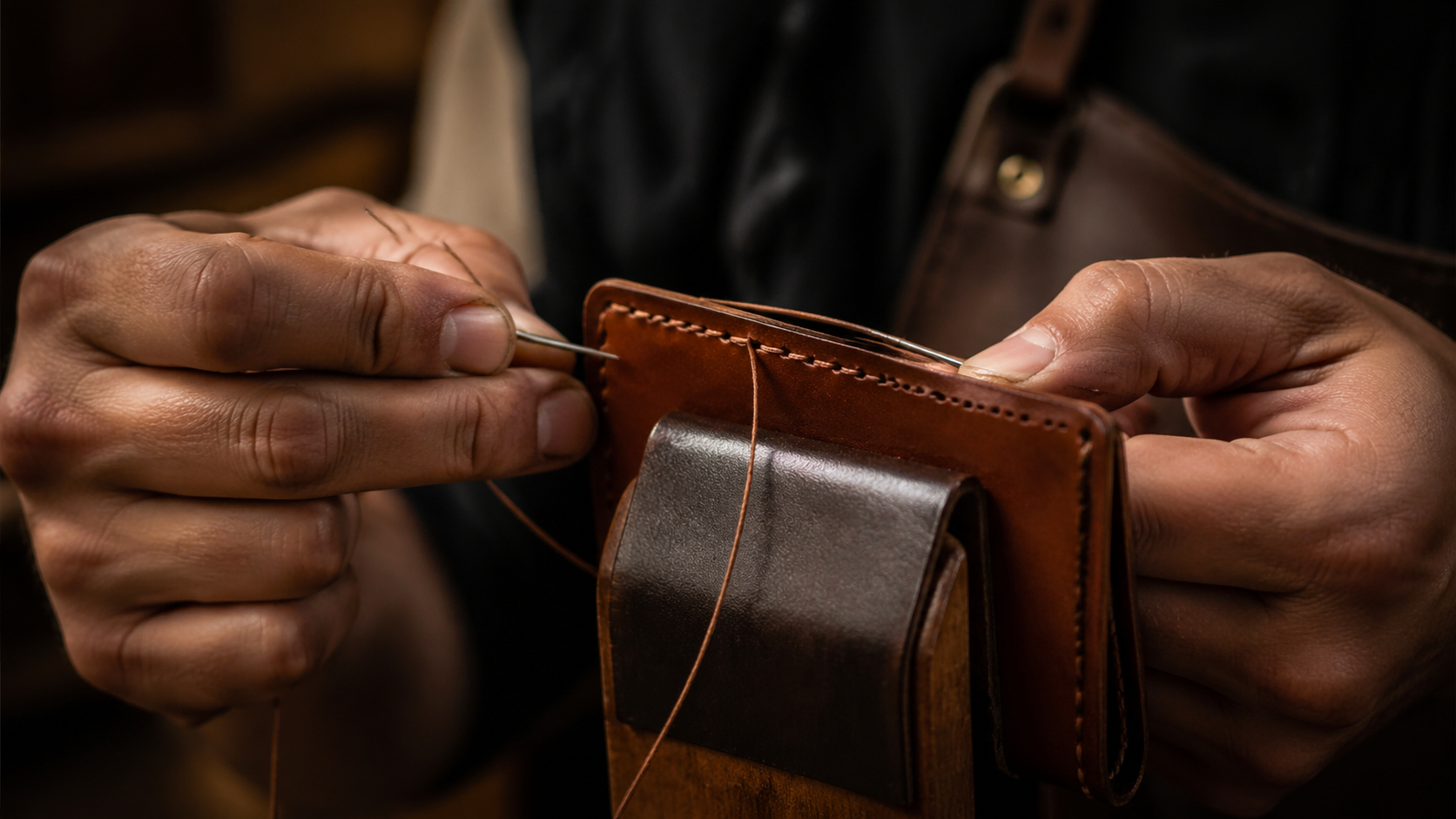 Leather wallet making process — saddle stitching by hand in Texas workshop
