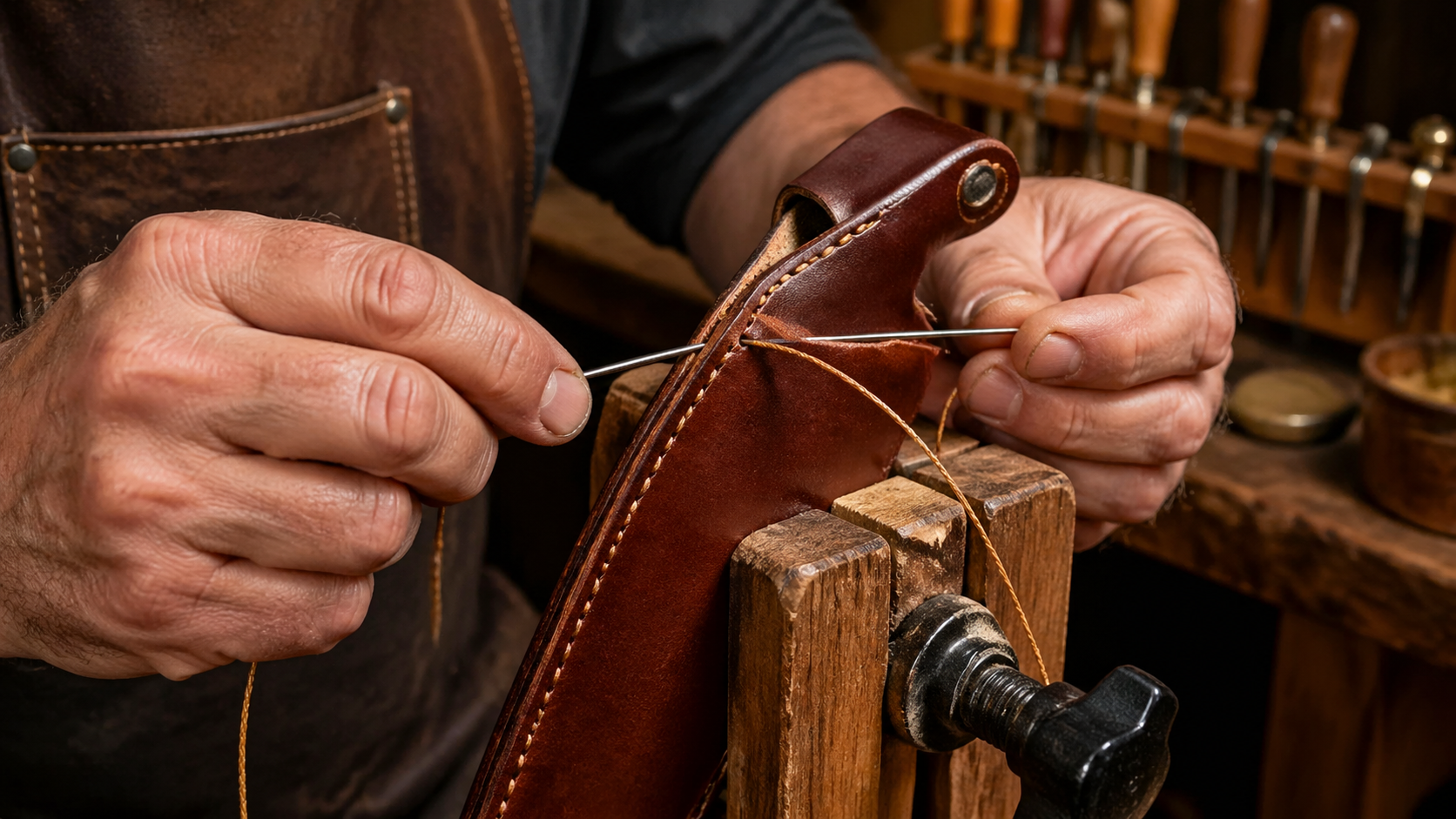 Saddle stitching leather knife sheath by hand with two needles