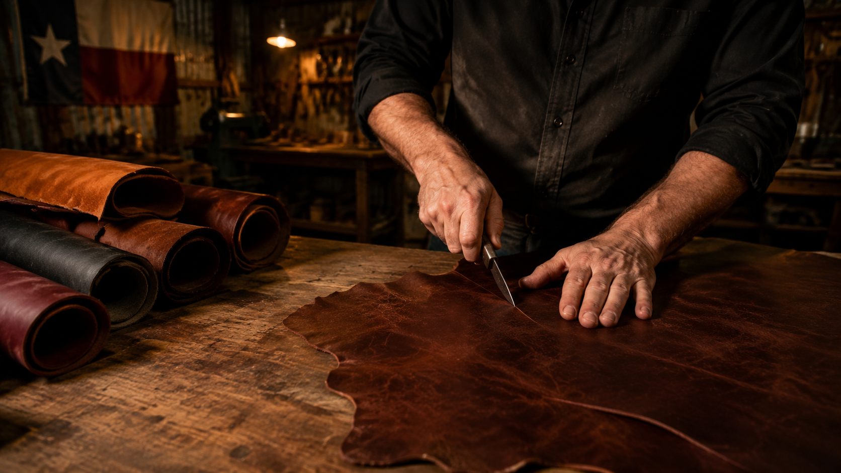 Leatherworker cutting full-grain hide in a Texas workshop