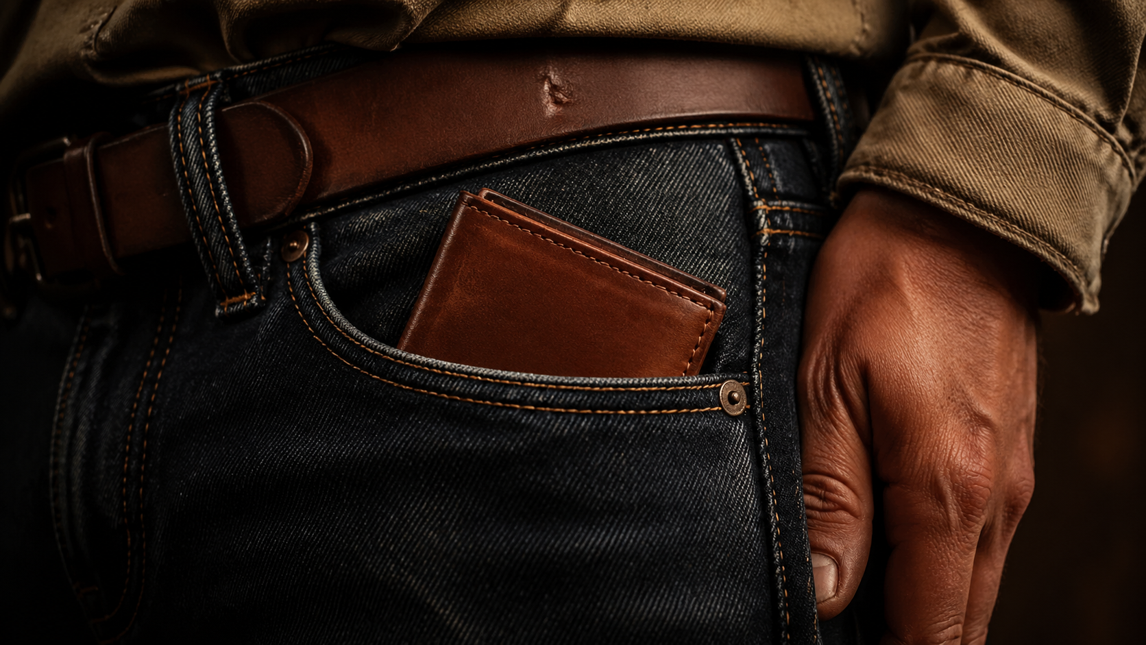 Slim leather minimalist wallet in front jeans pocket — everyday carry EDC