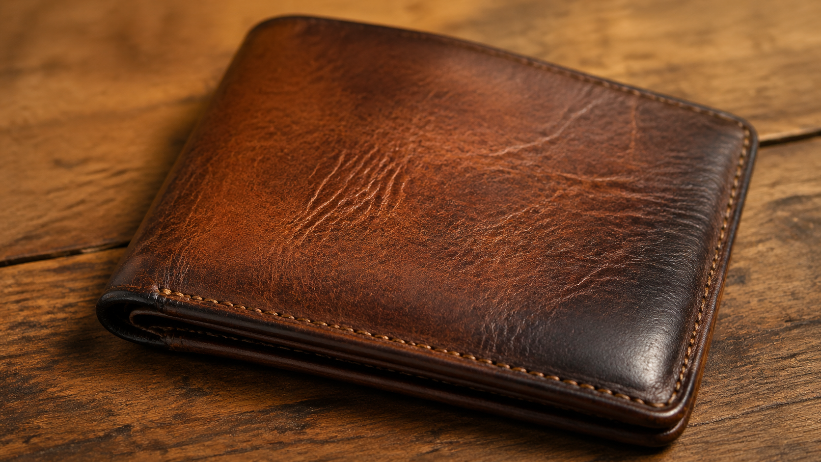 Full-grain leather wallet with rich patina after years of daily carry