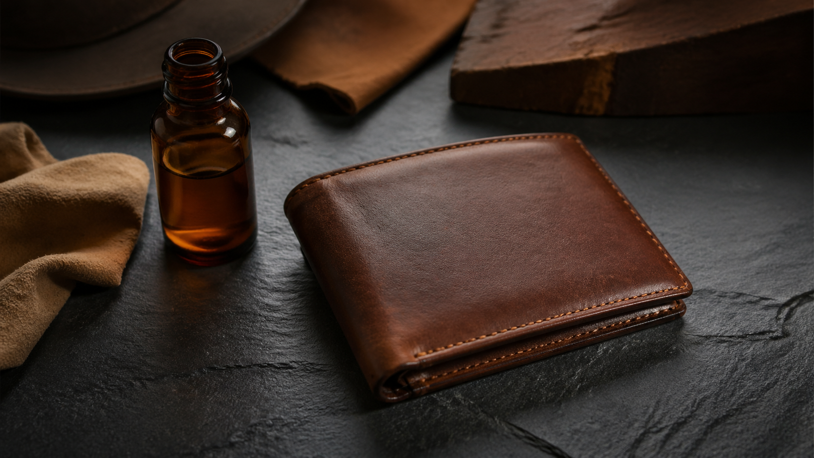 Leather conditioner being applied to a full-grain leather wallet