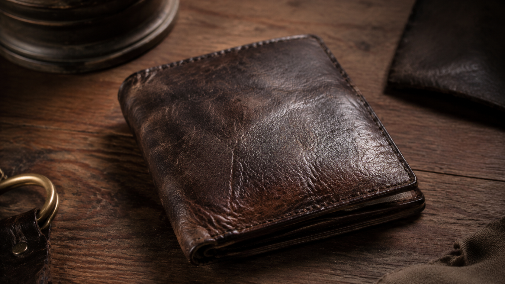 Aged full-grain leather wallet showing deep patina after years of carry