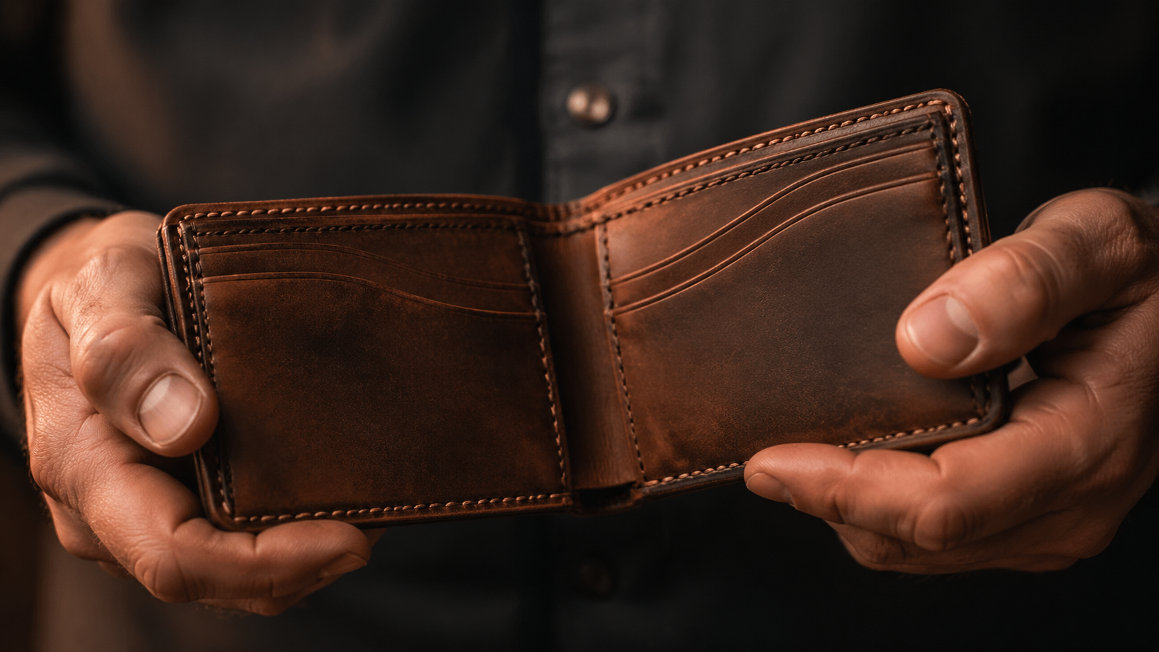 New full-grain leather wallet being broken in — stiff leather fold