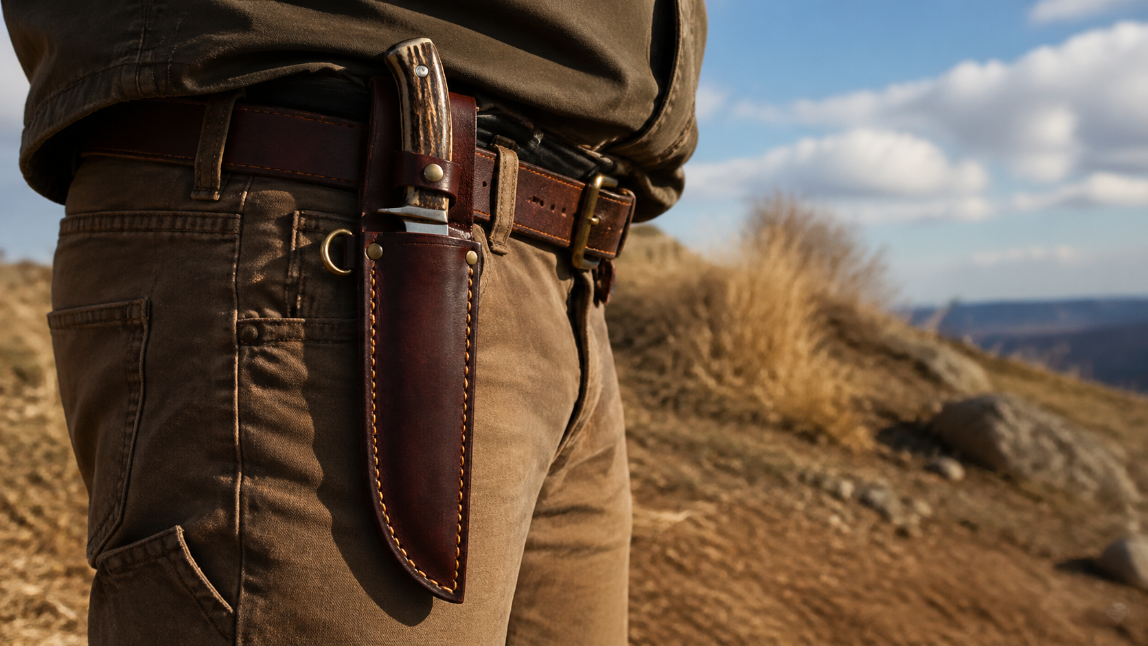Finished burnished leather knife sheath on belt — outdoor carry