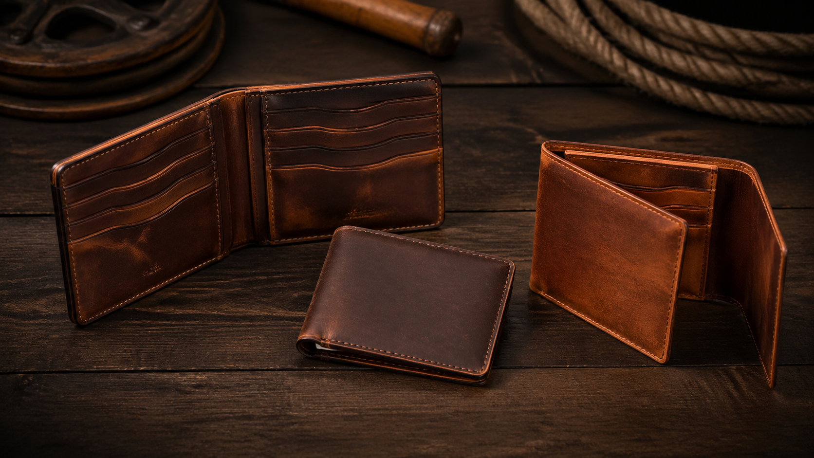 Men's leather wallet styles — bifold, slim, trifold carry options