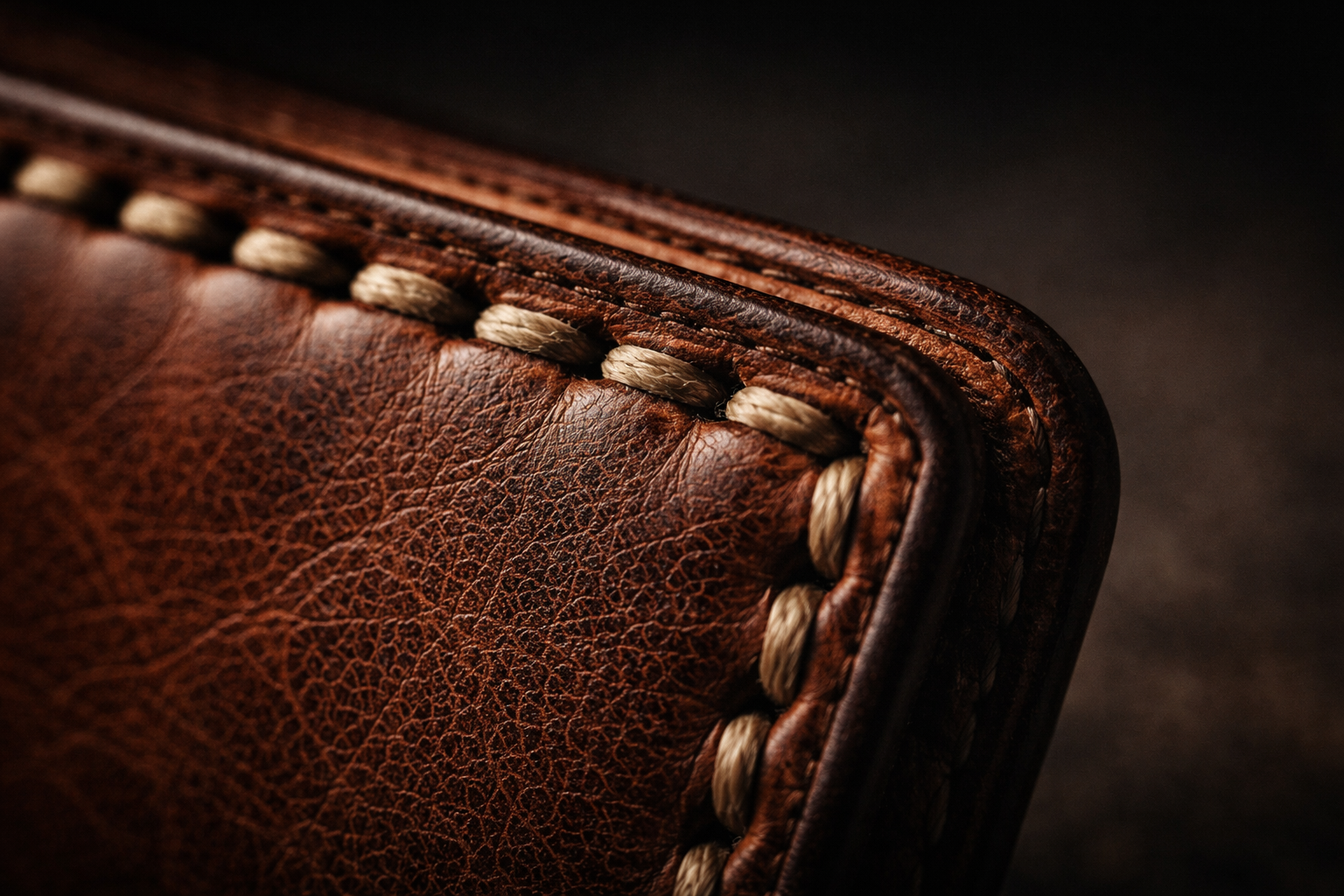 Full-grain leather wallet construction — saddle stitching detail