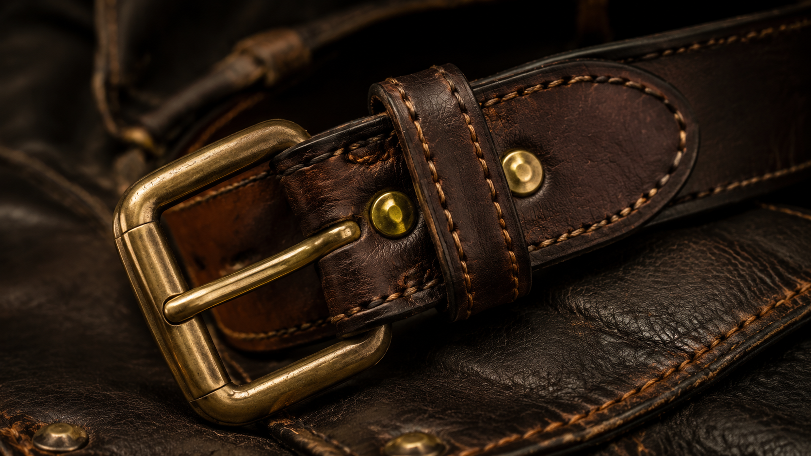 Close-up macro of leather belt buckle and hand-stitched edge detail showing quality construction