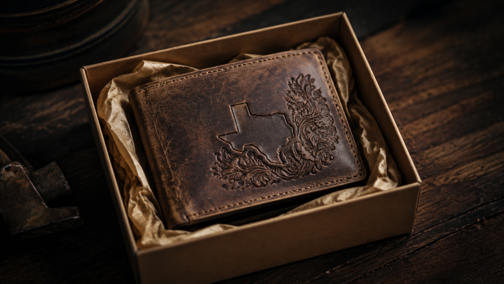 Engraved leather wallet presented as a gift in kraft paper box with tissue paper