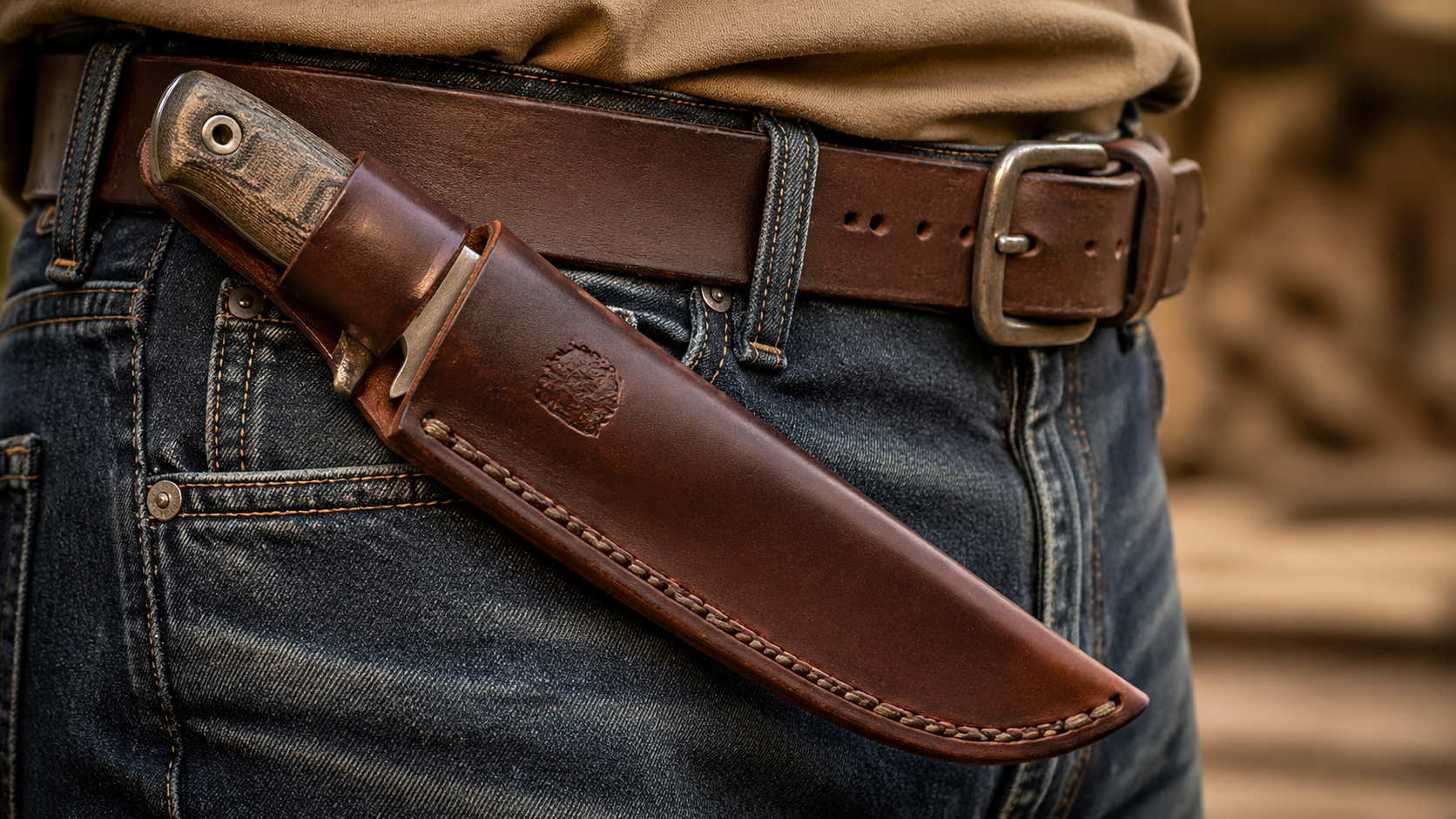 Leather knife sheath on belt — EDC fixed blade carry close-up