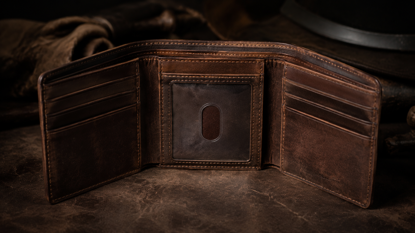 Interior of open trifold leather wallet showing organized card slots, ID window, and bill compartments