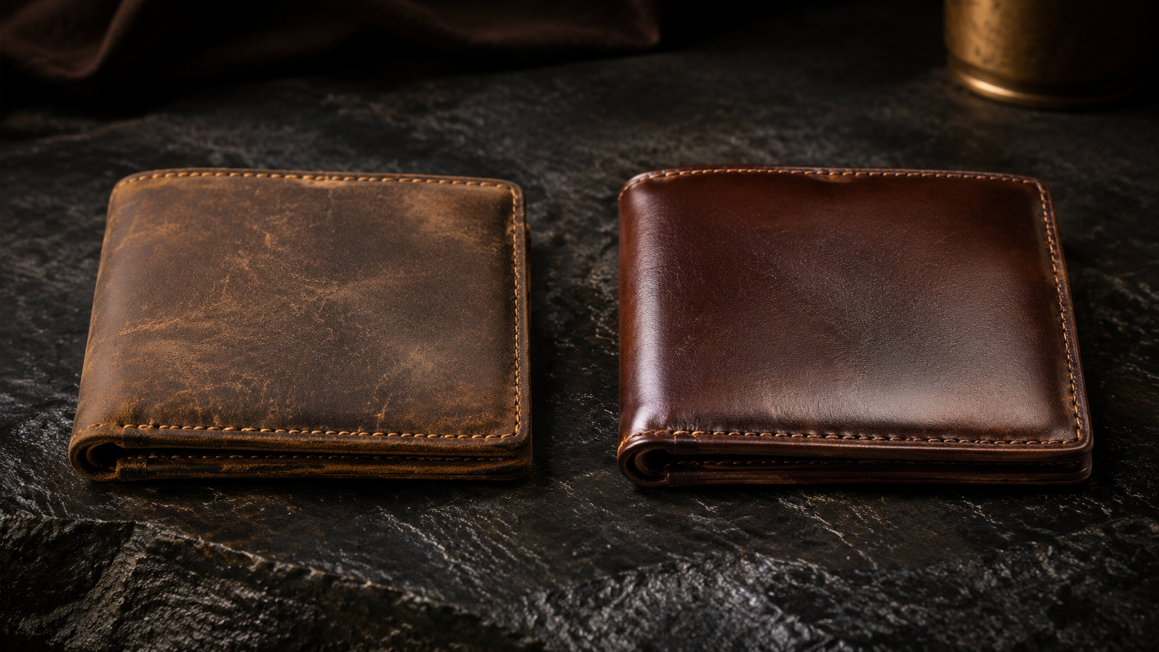 Two leather wallets side by side showing before and after leather cleaning and conditioning