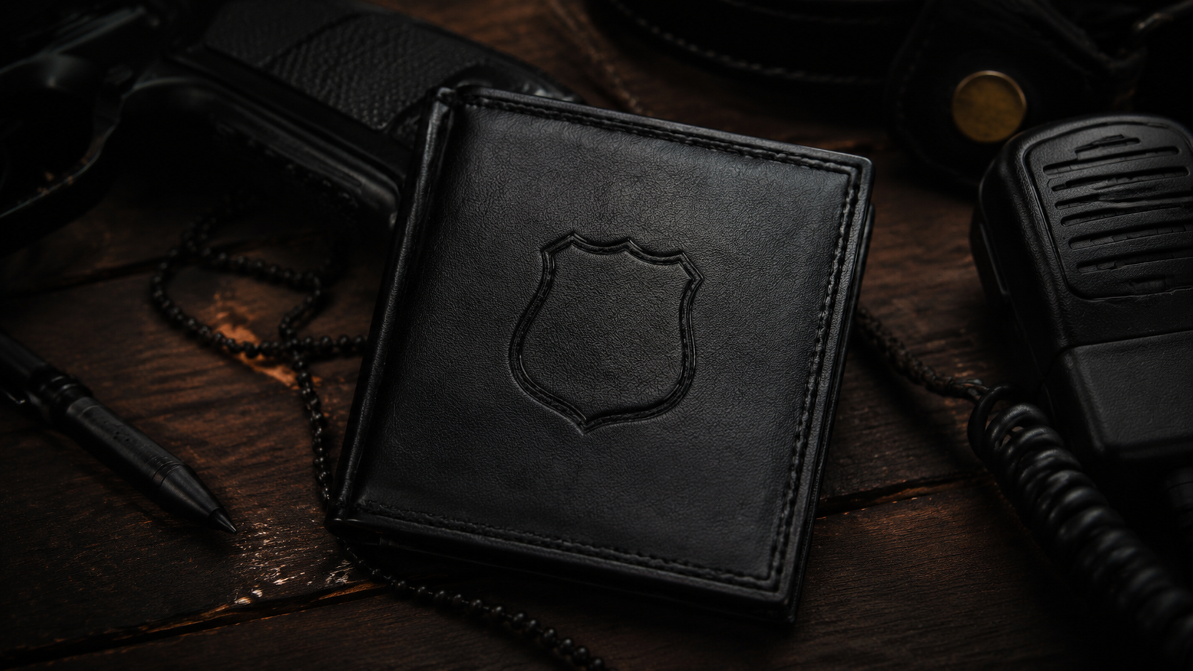 Black leather badge wallet with laser engraved police shield design on exterior cover