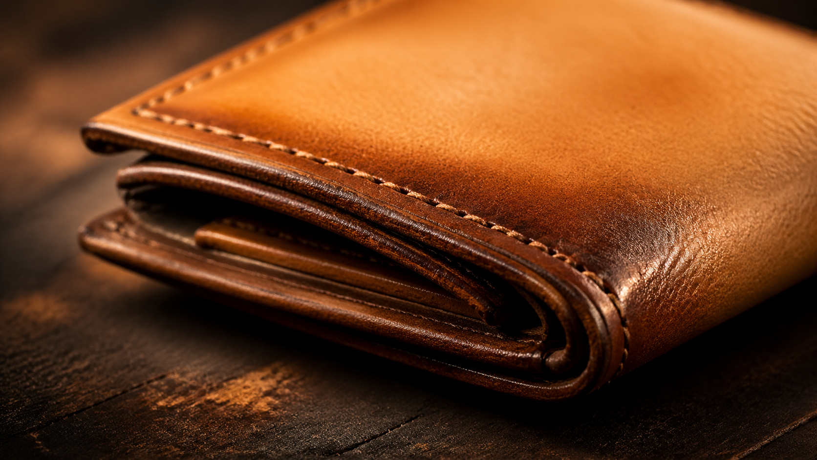 Full-grain leather wallet patina developing over years of daily carry