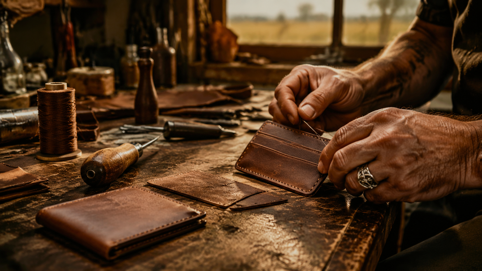 Texas leather craftsman cutting and stitching wallet panels in workshop