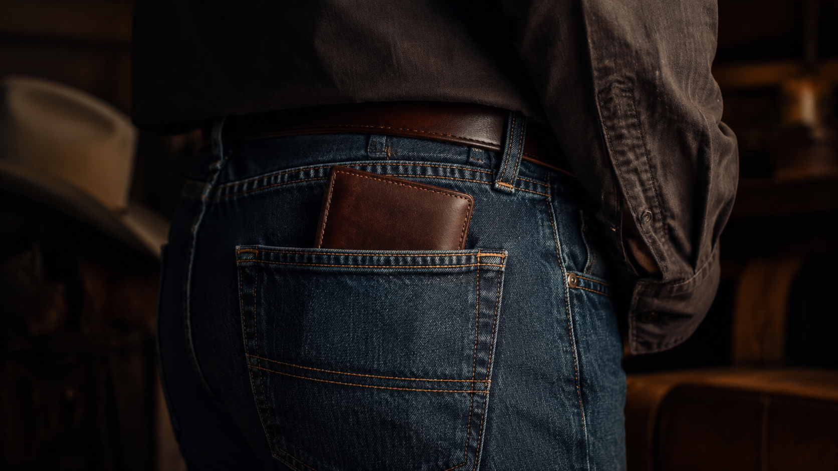 Traditional brown leather bifold wallet sitting in back pocket of blue jeans