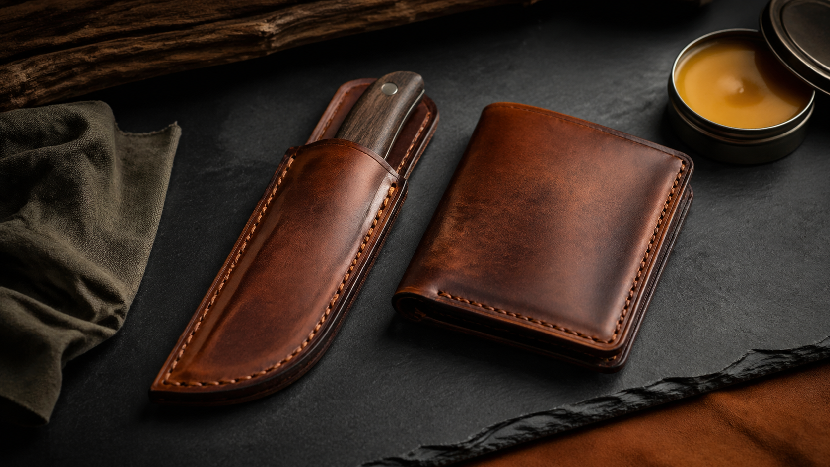 Leather knife sheath and wallet with leather care supplies — cleaning and conditioning