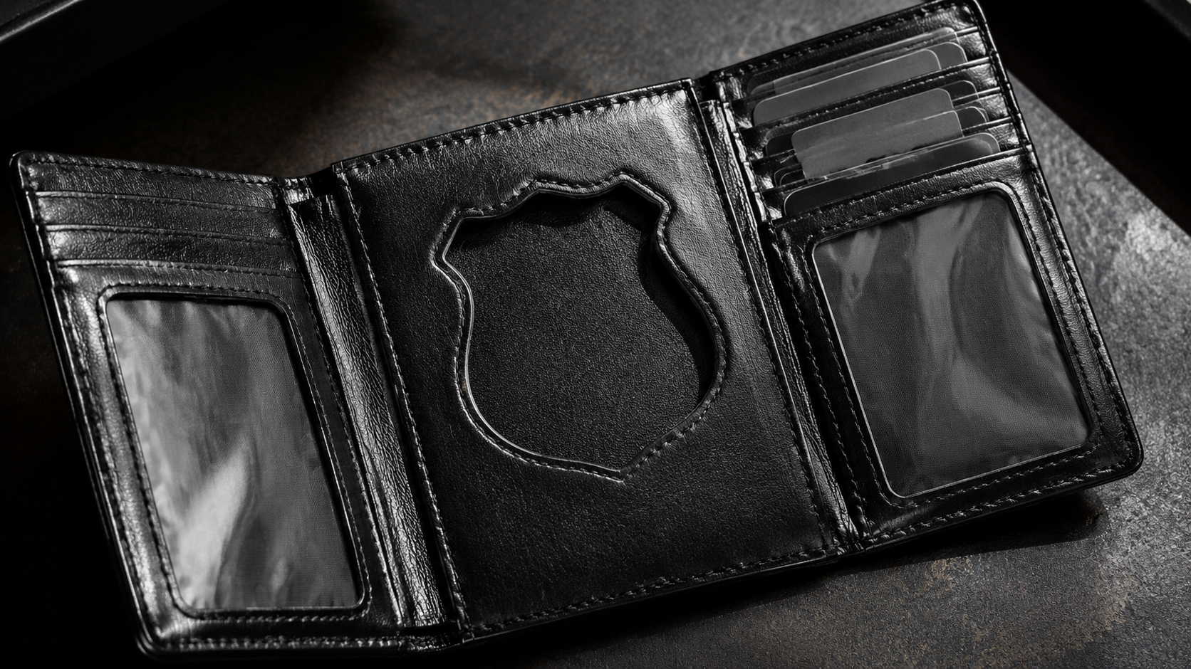 Interior of federal badge wallet showing recessed cutout, dual ID windows, and card slots
