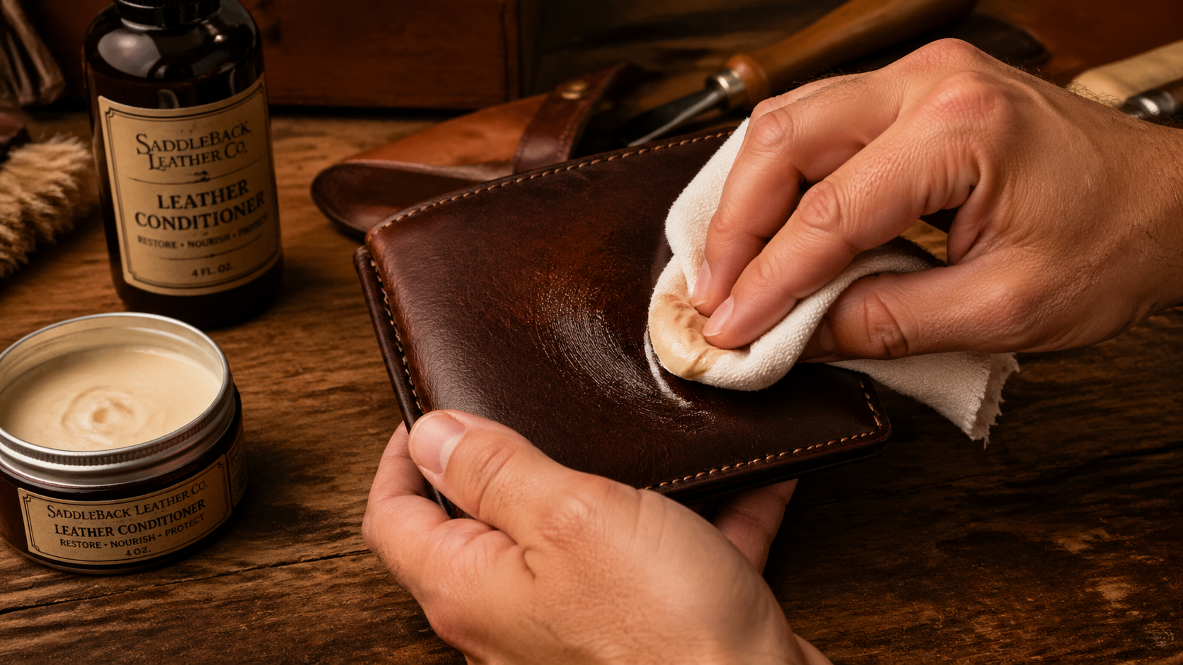 Leather conditioner being applied to full-grain leather wallet with a cloth