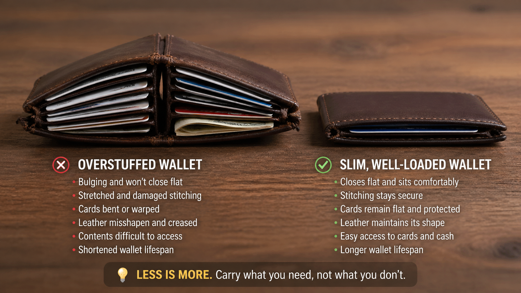 Overstuffed leather wallet showing stretched card slots and bulging shape