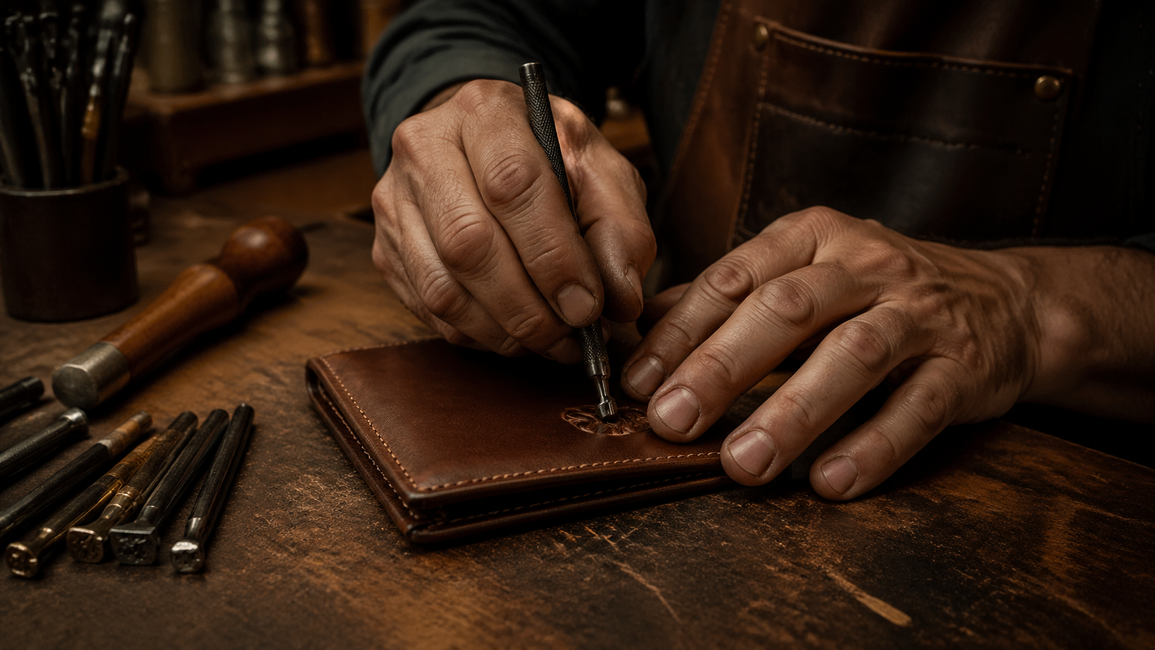Leather craftsman stamping monogram into full-grain leather wallet