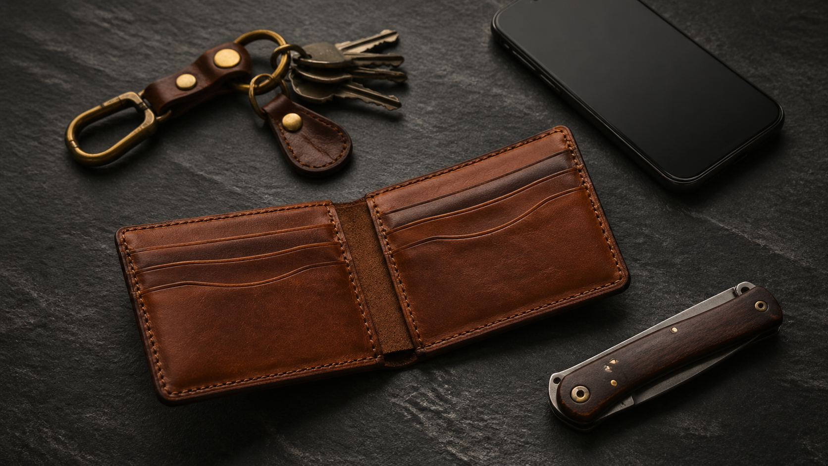 EDC flat lay — leather wallet knife keys phone everyday carry loadout