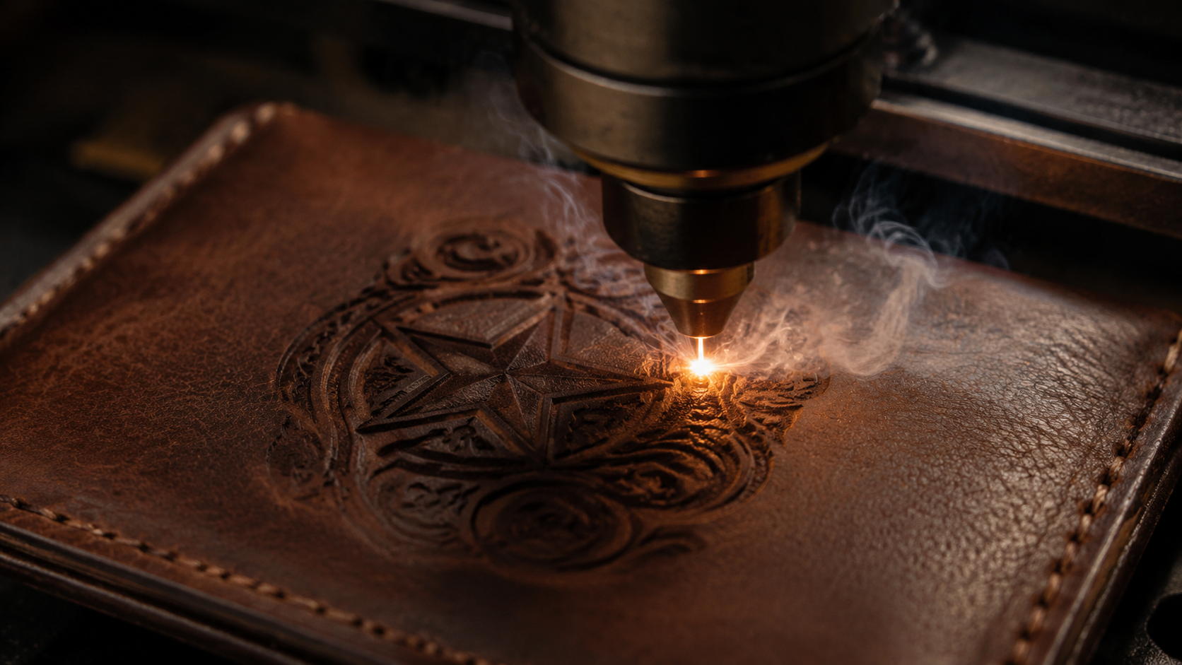 Laser engraving machine burning custom design into brown leather wallet surface