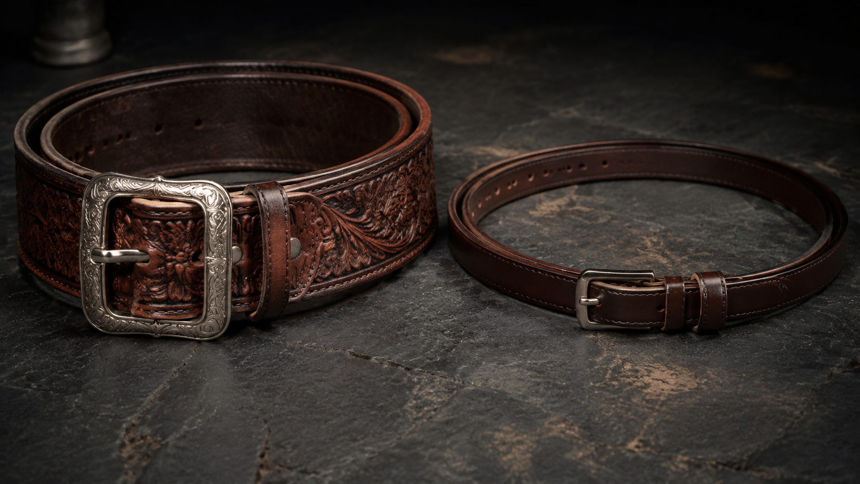 Wide western leather belt and slim dress leather belt side by side on dark slate showing width and profile comparison