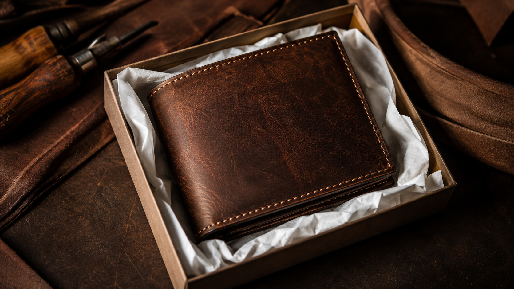 Brown leather bifold wallet in kraft gift box with white tissue paper presentation