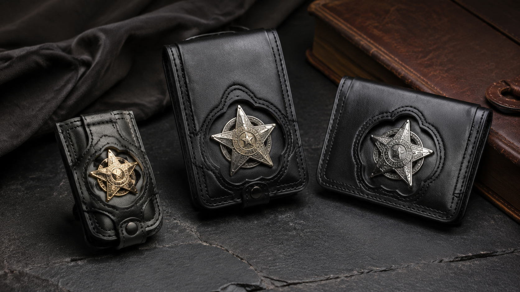 Collection of black leather police badge wallets in different styles on dark slate