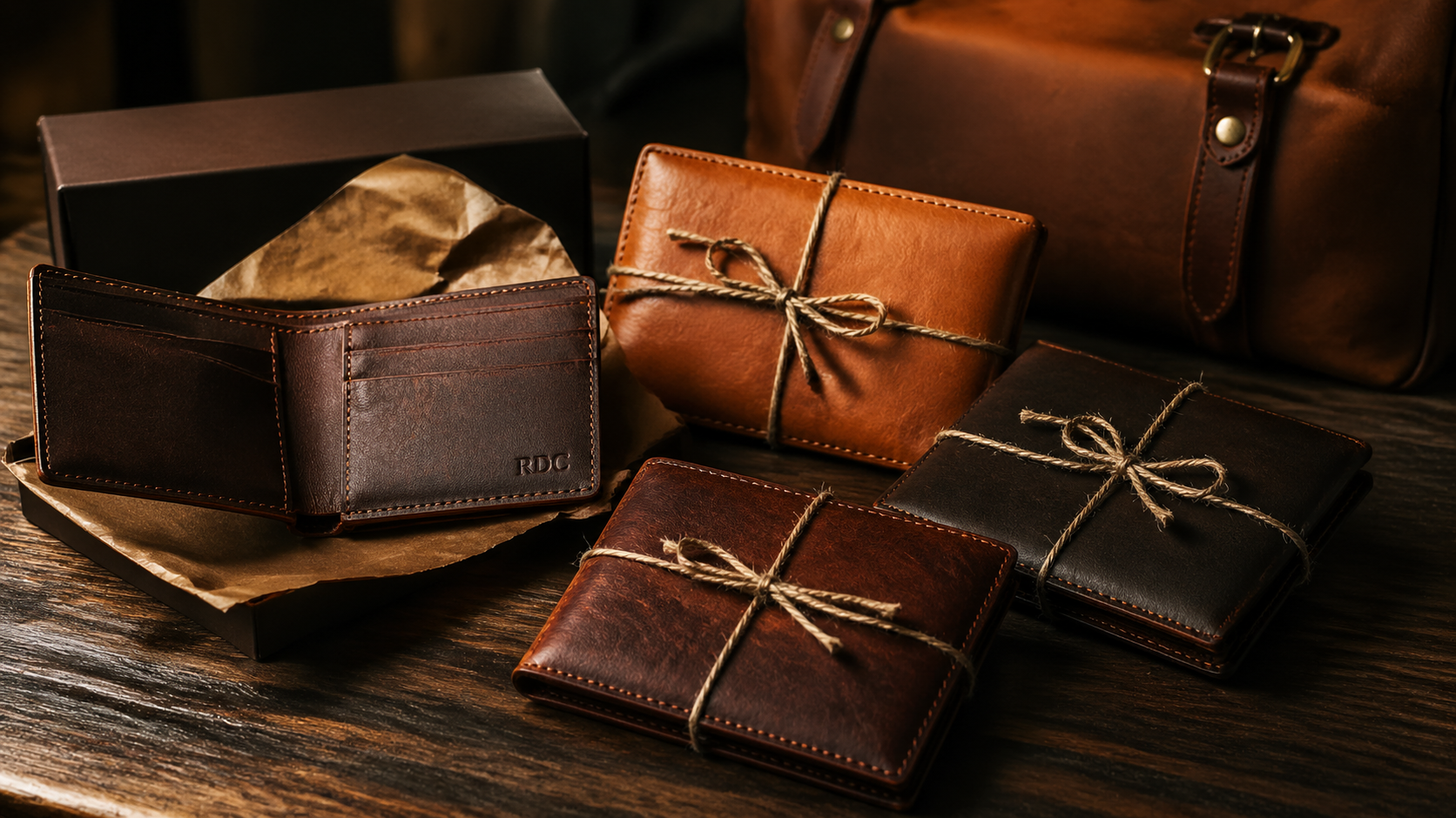Personalized leather wallet gift — monogrammed initials on full-grain leather
