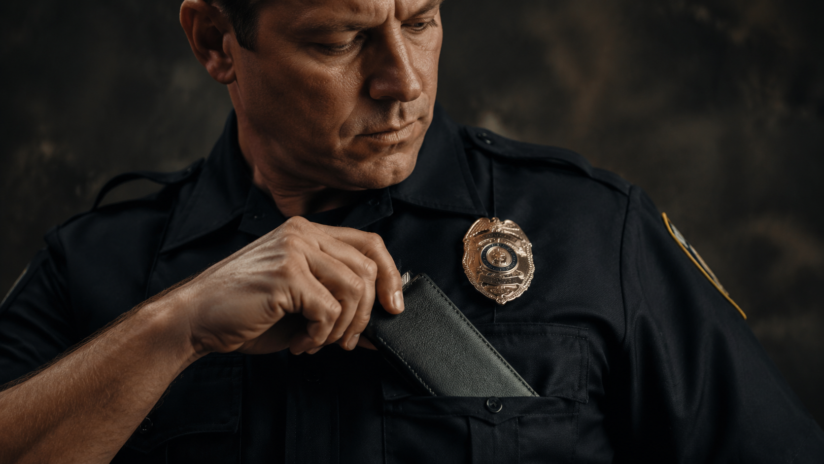 Police officer reaching into pocket for black leather badge wallet during on-duty carry