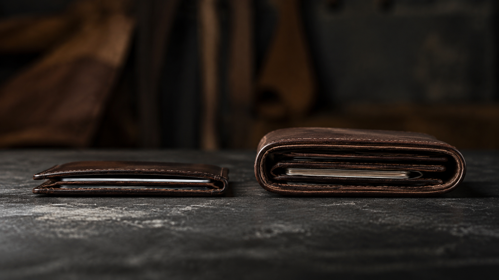 Slim front pocket leather wallet and traditional thick bifold wallet side by side showing thickness difference
