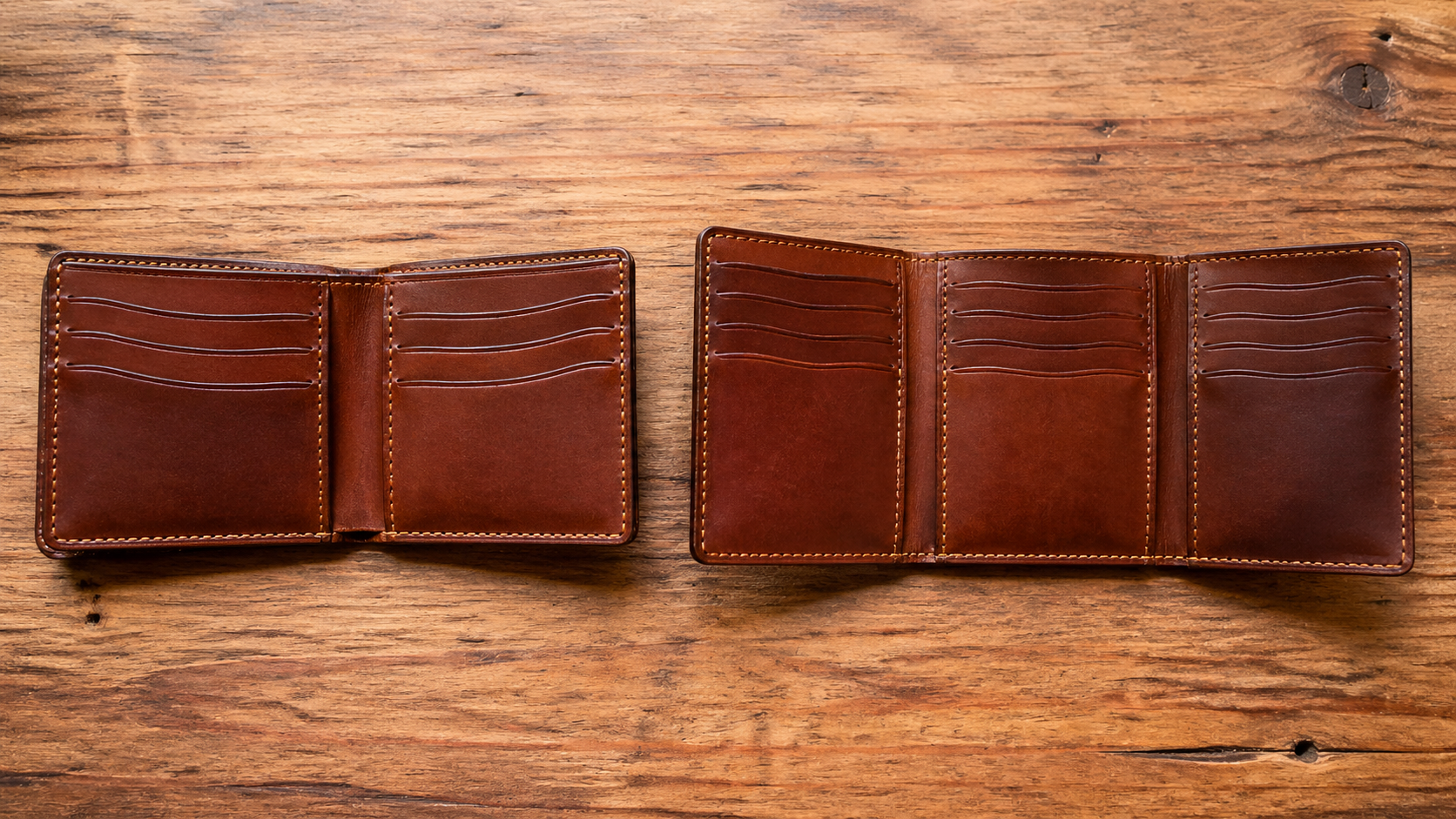 Bifold and trifold leather wallet open side by side showing card slots