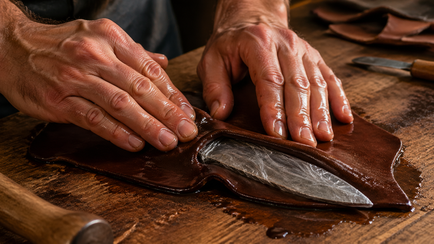 Wet leather being formed around knife blade for sheath making
