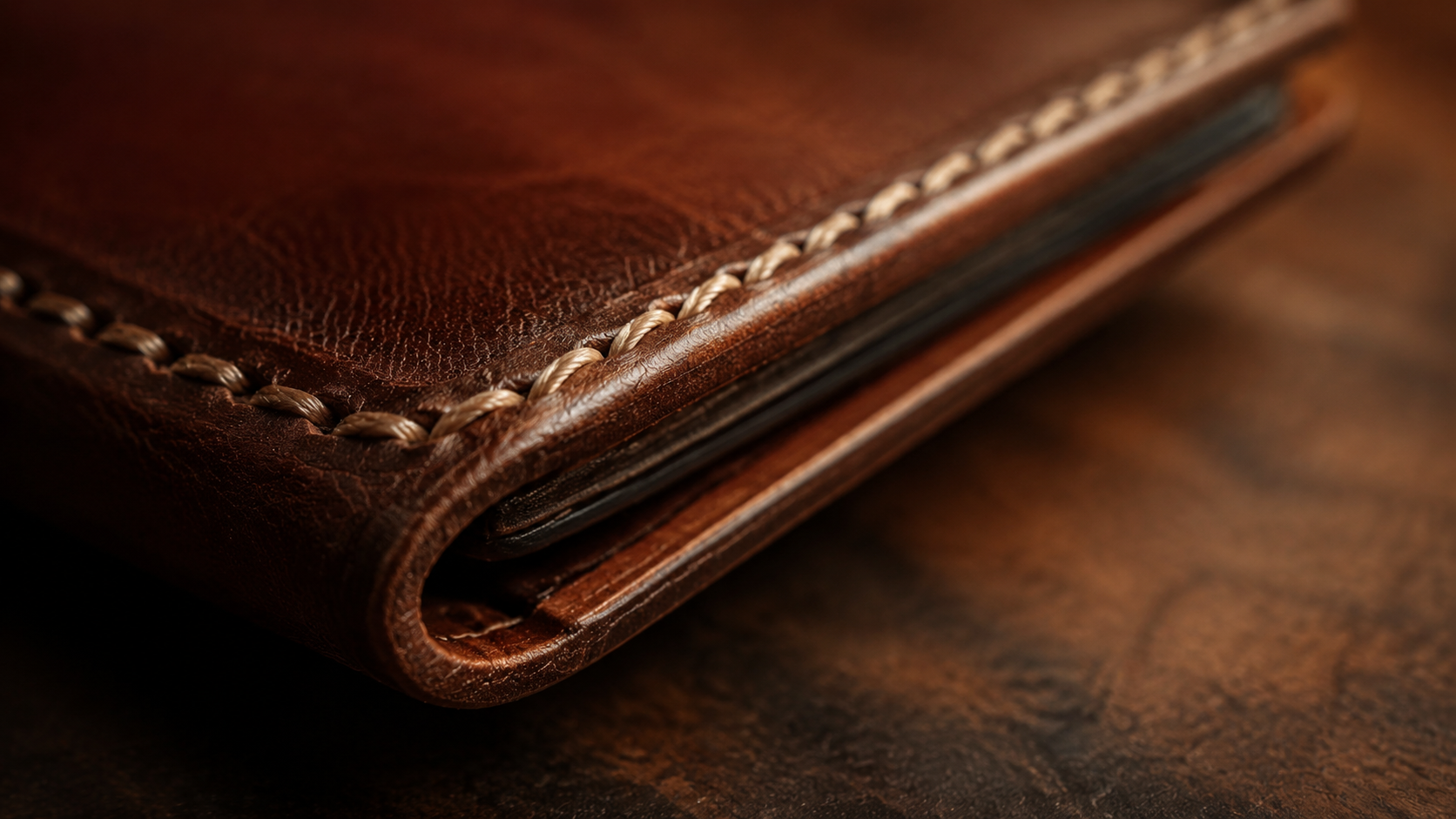 Macro closeup of hand saddle stitching on full-grain leather wallet